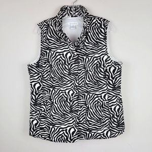 Liz Claiborne Black White Zebra Puffer Snap Button Pocket Sleeveless Vest Size L